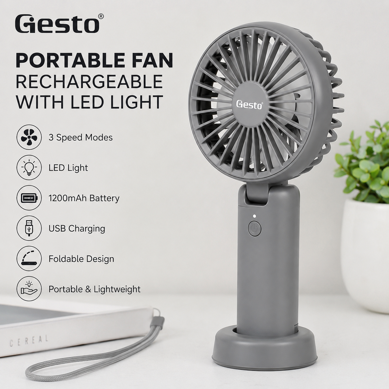 Gesto Portable Rechargeable Fan with LED Light Review – Foldable Mini USB Hand Fan with 1200mAh Battery, 3 Speed Modes for Travel, Makeup, Kitchen & Personal Cooling